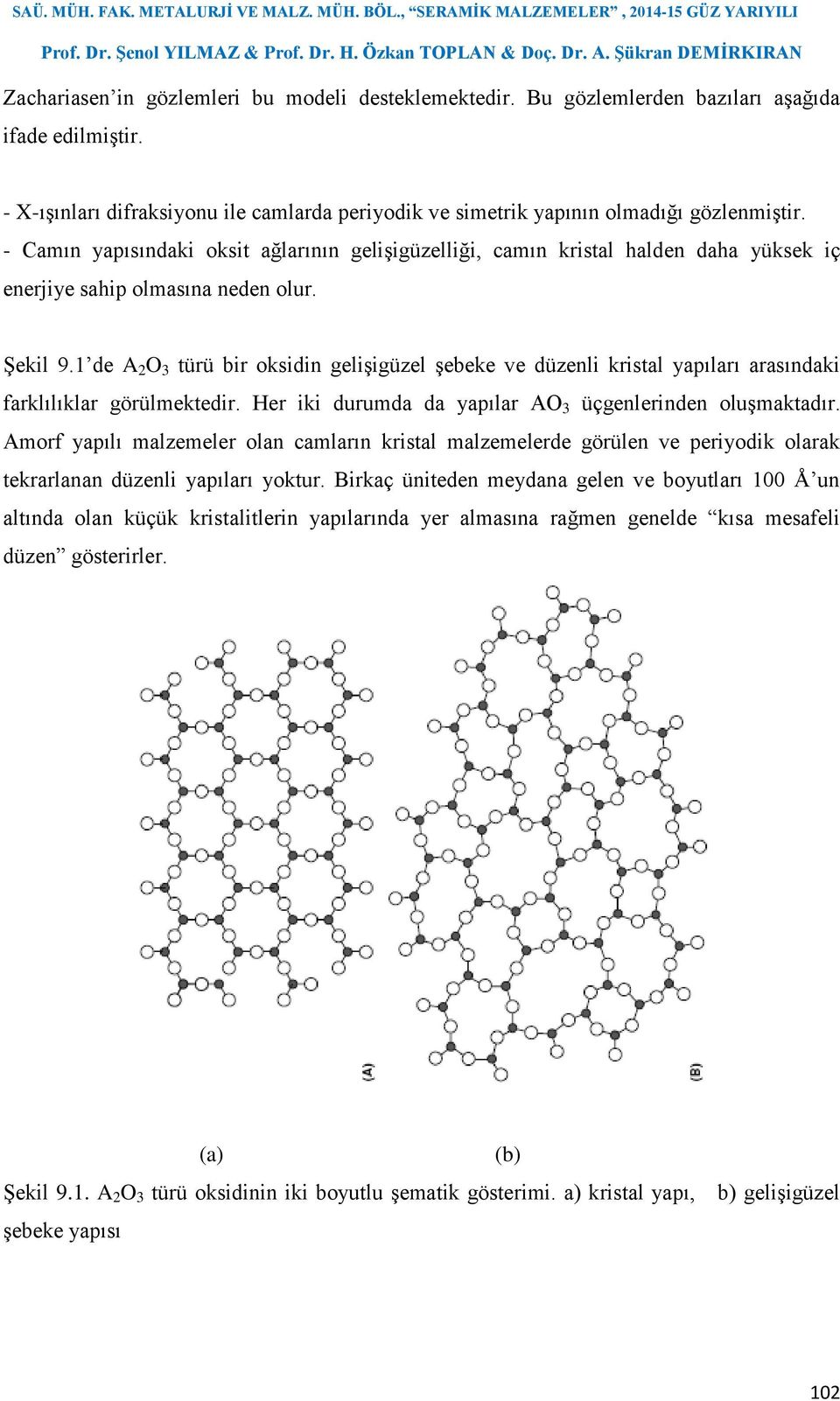 1 de A 2 O 3 türü bir oksidin gelişigüzel şebeke ve düzenli kristal yapıları arasındaki farklılıklar görülmektedir. Her iki durumda da yapılar AO 3 üçgenlerinden oluşmaktadır.