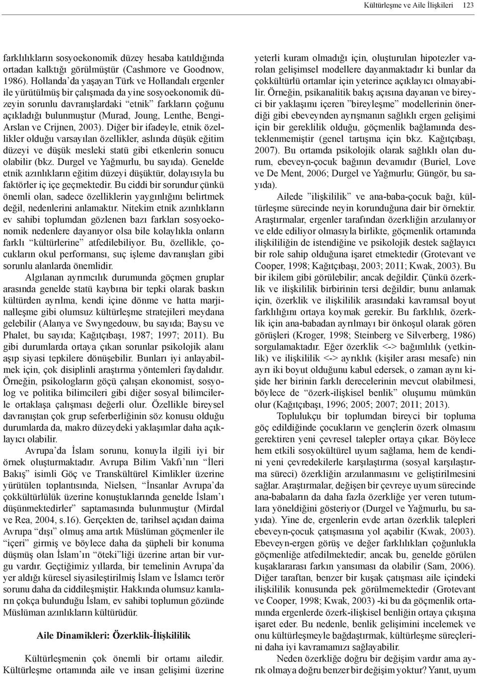 Bengi- Arslan ve Crijnen, 2003). Diğer bir ifadeyle, etnik özellikler olduğu varsayılan özellikler, aslında düşük eğitim düzeyi ve düşük mesleki statü gibi etkenlerin sonucu olabilir (bkz.