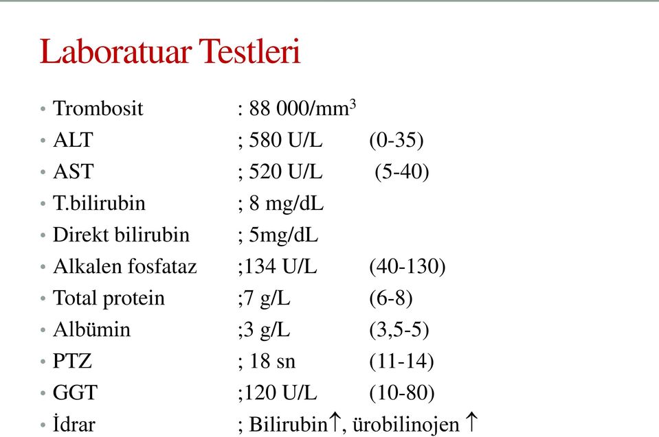 bilirubin ; 8 mg/dl Direkt bilirubin ; 5mg/dL Alkalen fosfataz ;134 U/L