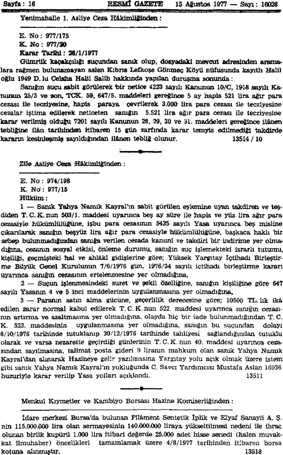 lu Celaha Halil Şalin hakkında yapılan duruşma sonunda: Sanığın suçu sabit görülerek bir netice 43 sayılı Kanunun 10/C, 1916 sayılı Kanunun 5/3 ve son, TCK. 59, 647/5.