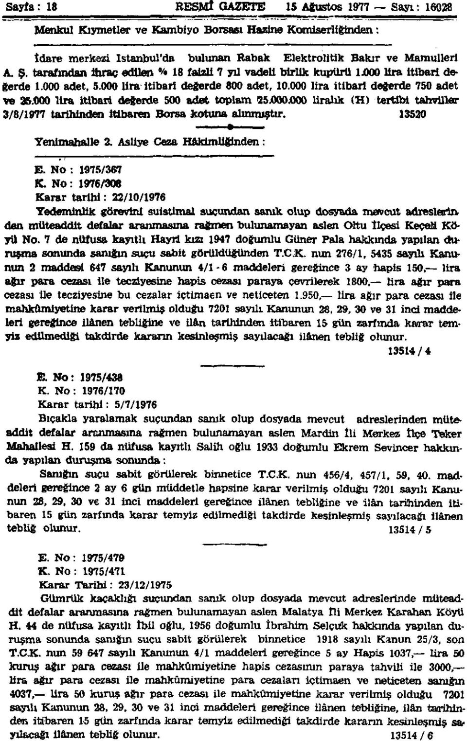 000 lira itibari değerde 500 adet toplam 5.000.000 liralık (H) tertibi tahviller 3/8/1977 tarihinden itibaren Borsa kotuna alınmıştır. 1350 Yenimahalle. Asliye Ceza Hâkimliğinden:. ı E.