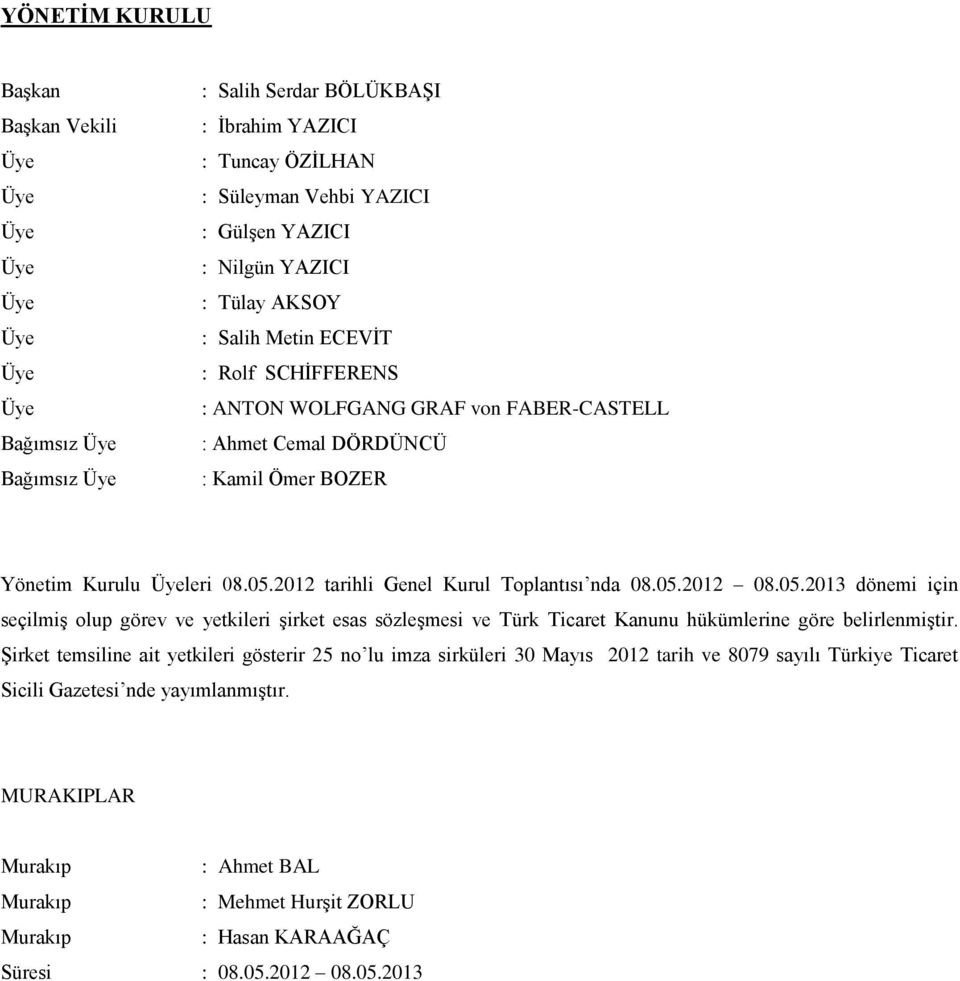 05.2013 dönemi için seçilmiş olup görev ve yetkileri şirket esas sözleşmesi ve Türk Ticaret Kanunu hükümlerine göre belirlenmiştir.