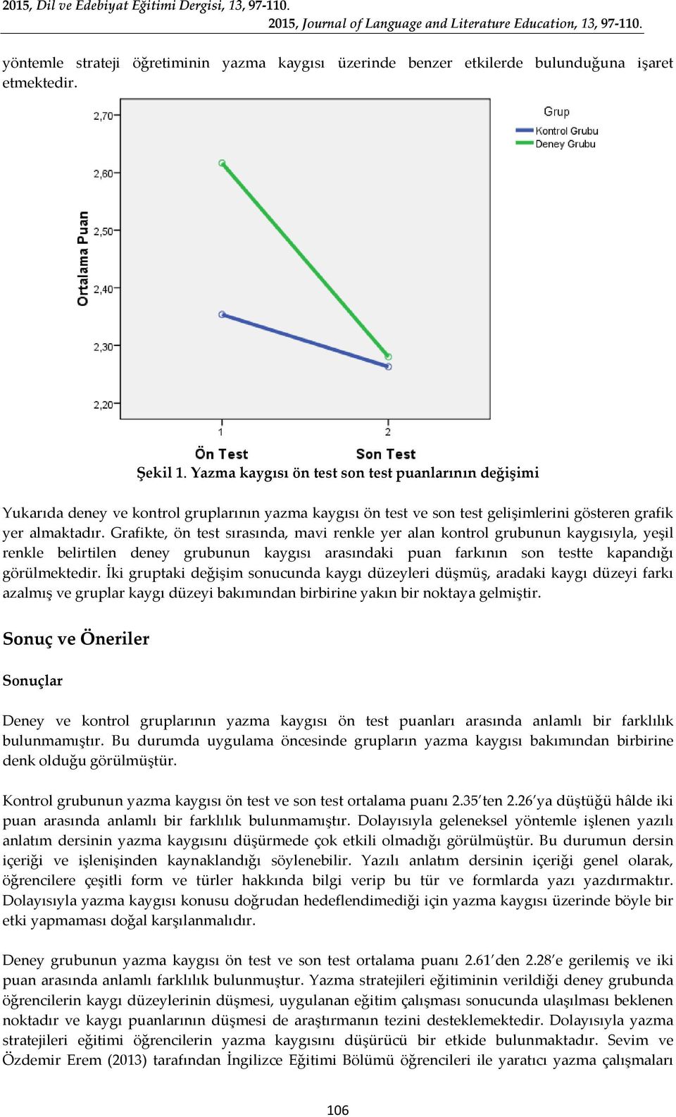 Grafikte, ön test sırasında, mavi renkle yer alan kontrol grubunun kaygısıyla, yeşil renkle belirtilen deney grubunun kaygısı arasındaki puan farkının son testte kapandığı görülmektedir.