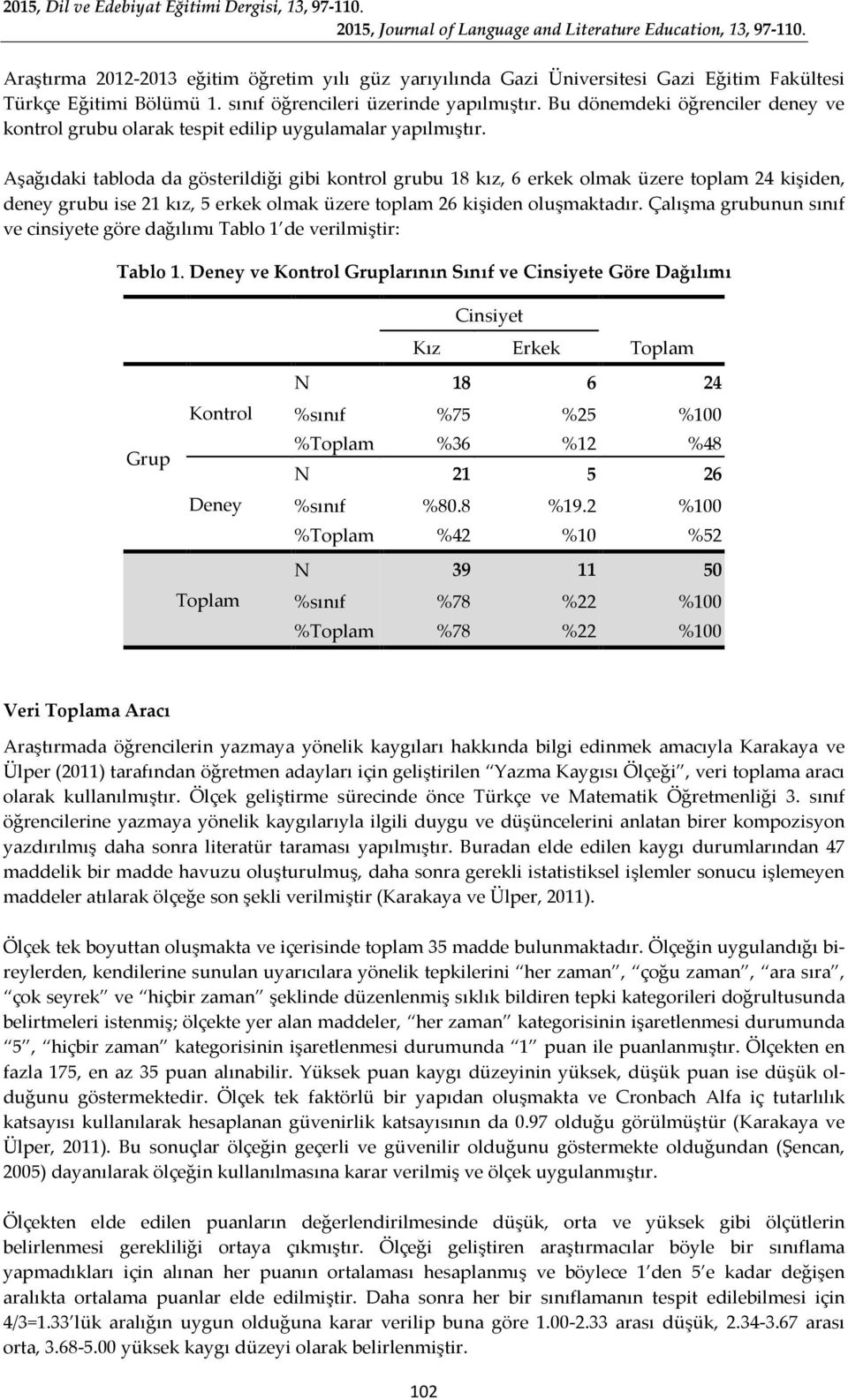 Aşağıdaki tabloda da gösterildiği gibi kontrol grubu 18 kız, 6 erkek olmak üzere toplam 24 kişiden, deney grubu ise 21 kız, 5 erkek olmak üzere toplam 26 kişiden oluşmaktadır.