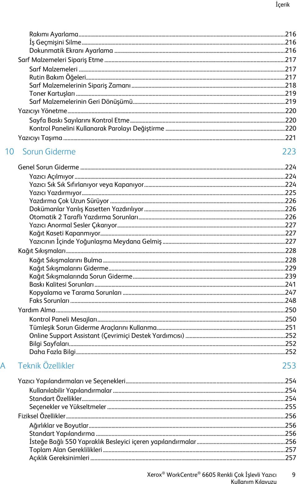 .. 220 Kontrol Panelini Kullanarak Parolayı Değiştirme... 220 Yazıcıyı Taşıma... 221 10 Sorun Giderme 223 Genel Sorun Giderme... 224 Yazıcı Açılmıyor... 224 Yazıcı Sık Sık Sıfırlanıyor veya Kapanıyor.