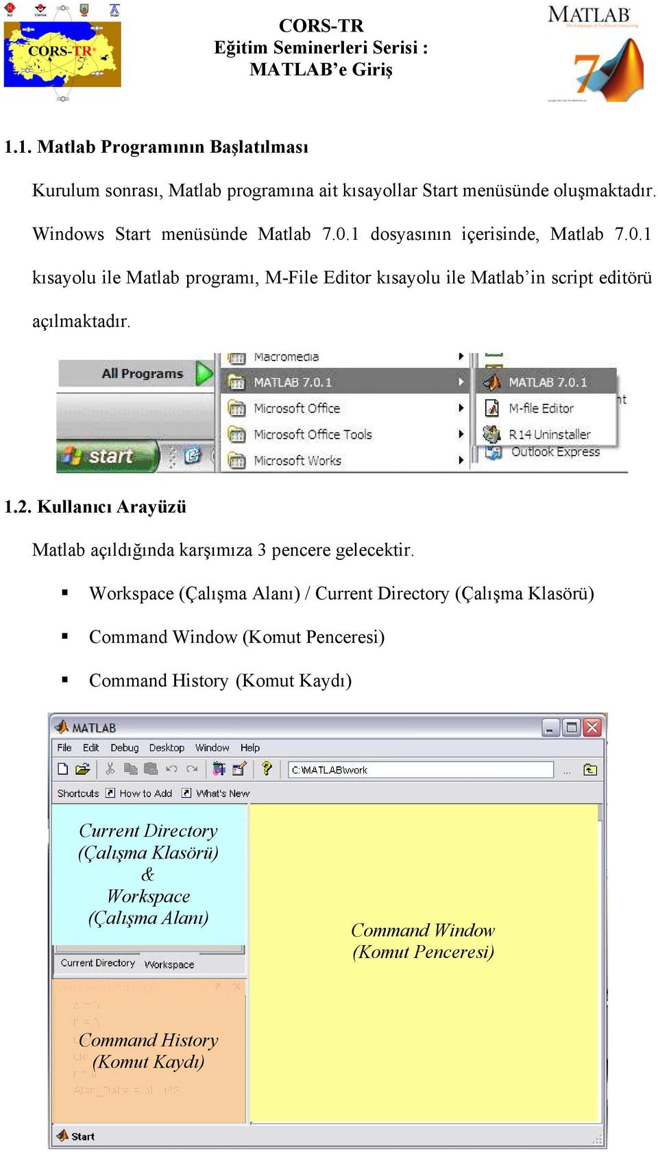 Kullanıcı Arayüzü Matlab açıldığında karşımıza 3 pencere gelecektir.