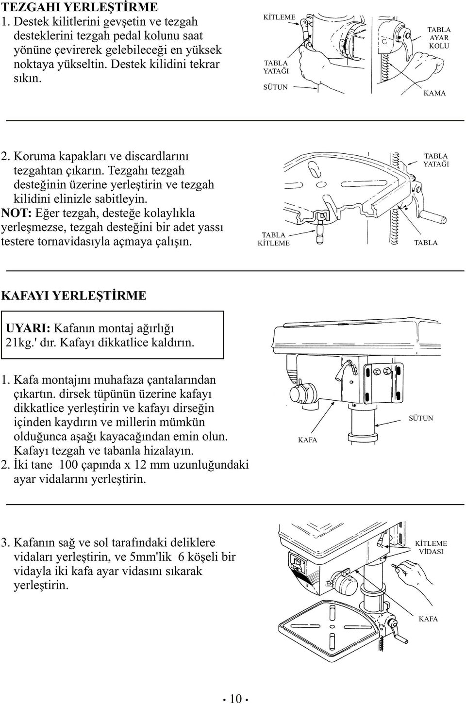 NOT: Eğer tezgah, desteğe kolaylıkla yerleşmezse, tezgah desteğini bir adet yassı testere tornavidasıyla açmaya çalışın. KİTLEME YATAĞI KAFAYI YERLEŞTİRME UYARI: Kafanın montaj ağırlığı 21kg.' dır.