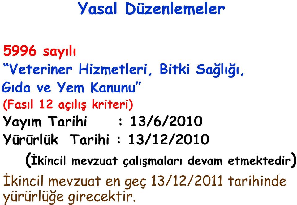 Yürürlük Tarihi : 13/12/2010 (İkincil mevzuat çalışmaları devam