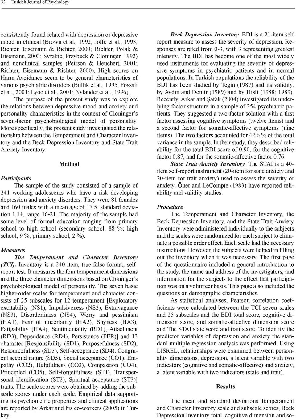 High scores on Harm Avoidance seem to be general characteristics of various psychiatric disorders (Bullik et al., 1995; Fossati et al., 2001; Lyoo et al., 2001; Nylander et al., 1996).