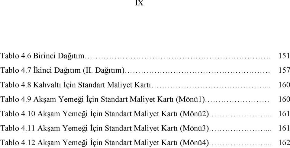 9 Akşam Yemeği İçin Standart Maliyet Kartı (Mönü1) 160 Tablo 4.