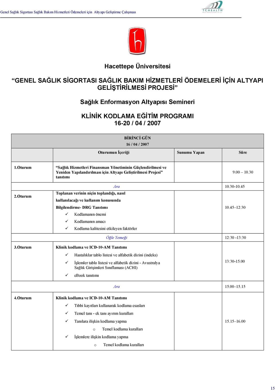 Oturum Sağlık Hizmetleri Finansman Yönetiminin Güçlendirilmesi ve Yeniden Yapılandırılması için Altyapı Geliştirilmesi Projesi tanıtımı 9.00 10.30 2.Oturum Ara 10.30-10.