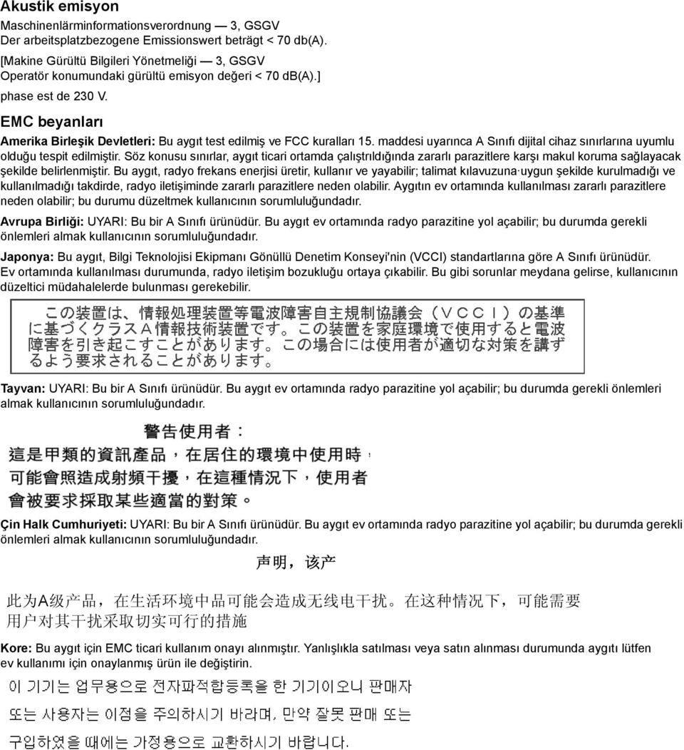 EMC beyanları Amerika Birleşik Devletleri: Bu aygıt test edilmiş ve FCC kuralları 15. maddesi uyarınca A Sınıfı dijital cihaz sınırlarına uyumlu olduğu tespit edilmiştir.
