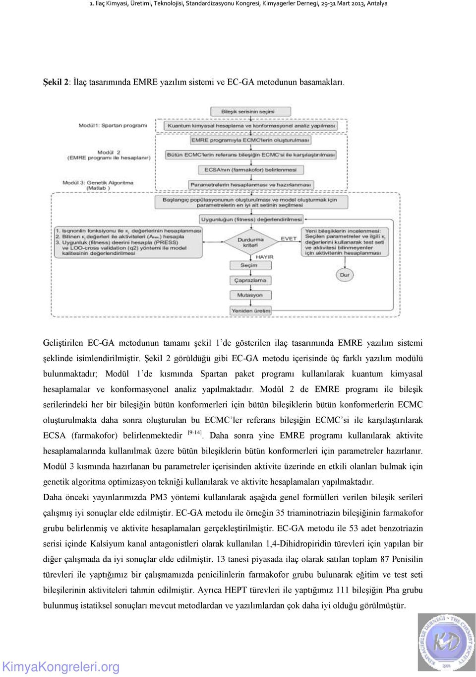 Şekil 2 görüldüğü gibi EC-GA metodu içerisinde üç farklı yazılım modülü bulunmaktadır; Modül 1 de kısmında Spartan paket programı kullanılarak kuantum kimyasal hesaplamalar ve konformasyonel analiz