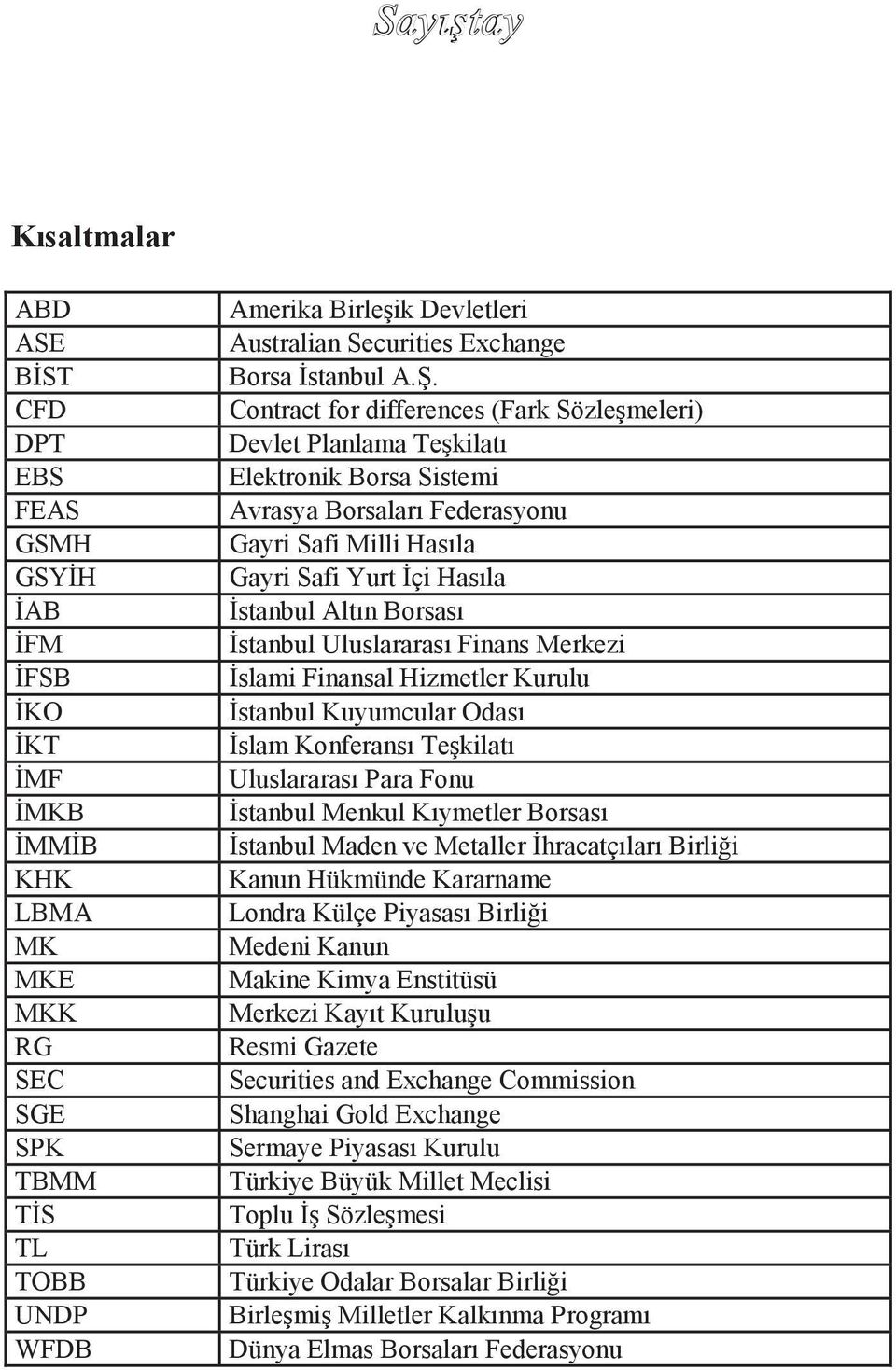 Contract for differences (Fark SözleĢmeleri) Devlet Planlama TeĢkilatı Elektronik Borsa Sistemi Avrasya Borsaları Federasyonu Gayri Safi Milli Hasıla Gayri Safi Yurt Ġçi Hasıla Ġstanbul Altın Borsası