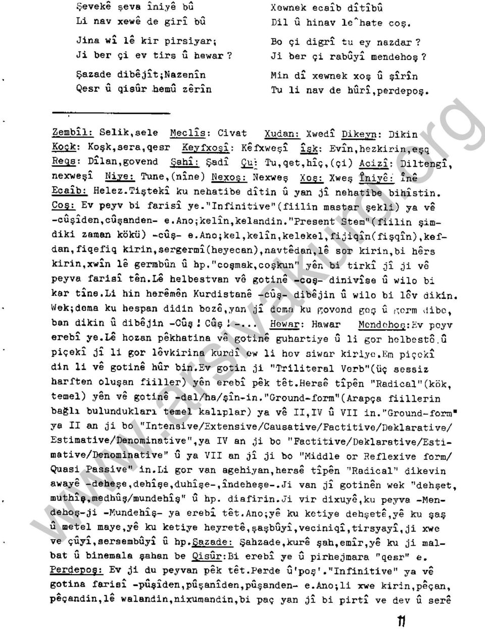 Zembil: Selik,sele Meclis: Civat Xudan: Xwedi Dikeyn: Dikin Kock: Koşk,sera,qesr Keyfxosi: Kerxweşi ~: Evin,hezkirin,eşq Regs: Dilan,govend ahi: Şadi ~~ Tu,qet,hiç,(çi) Acizi: Diltengi, nexweşi Niye: