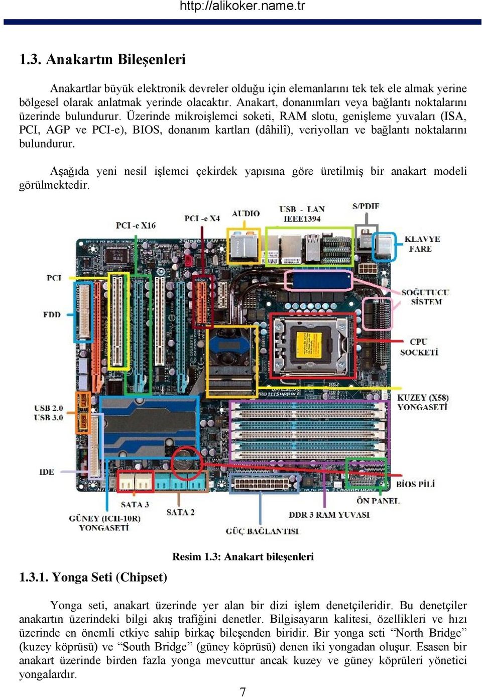 Üzerinde mikroişlemci soketi, RAM slotu, genişleme yuvaları (ISA, PCI, AGP ve PCI-e), BIOS, donanım kartları (dâhilî), veriyolları ve bağlantı noktalarını bulundurur.