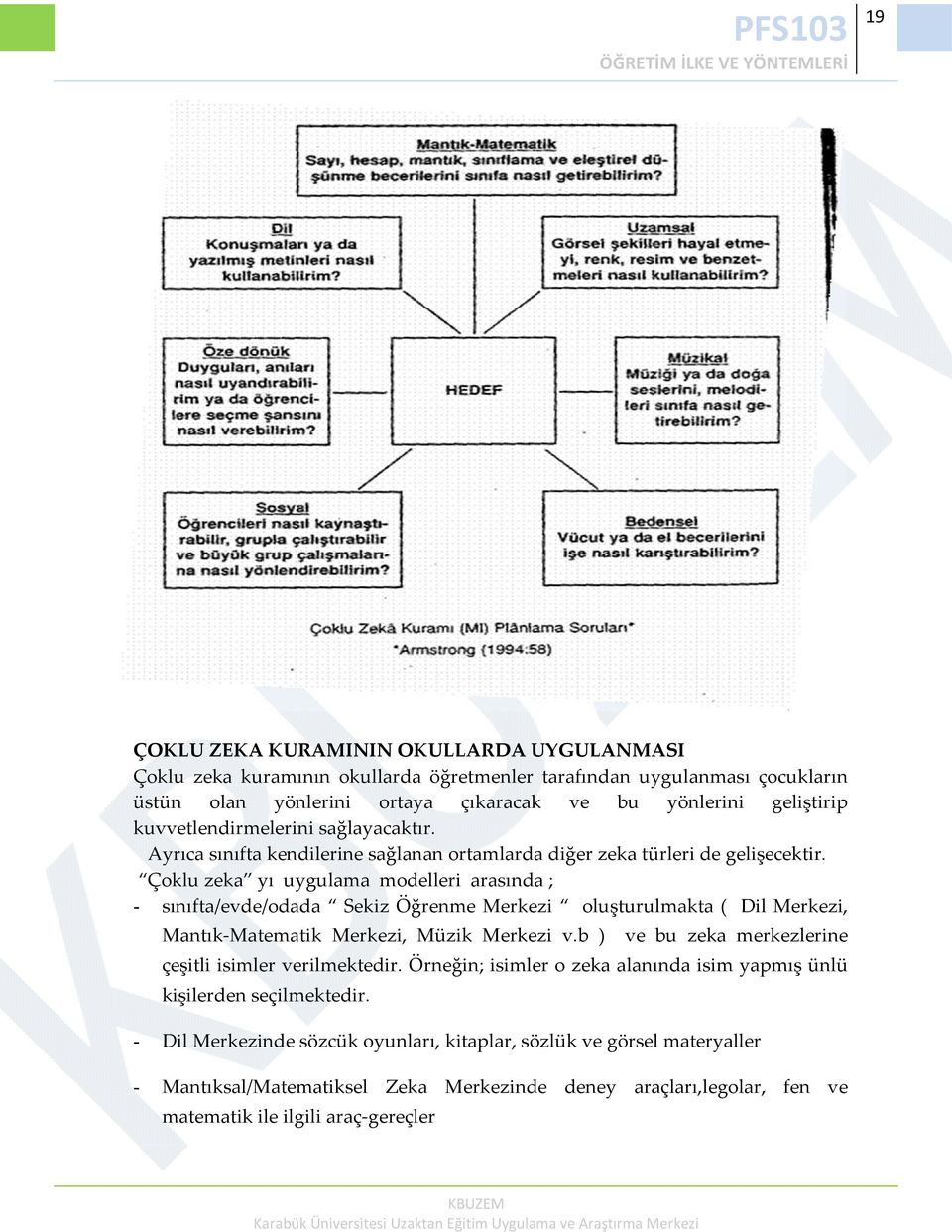 Çoklu zeka yı uygulama modelleri arasında ; - sınıfta/evde/odada Sekiz Öğrenme Merkezi oluşturulmakta ( Dil Merkezi, Mantık Matematik Merkezi, Müzik Merkezi v.