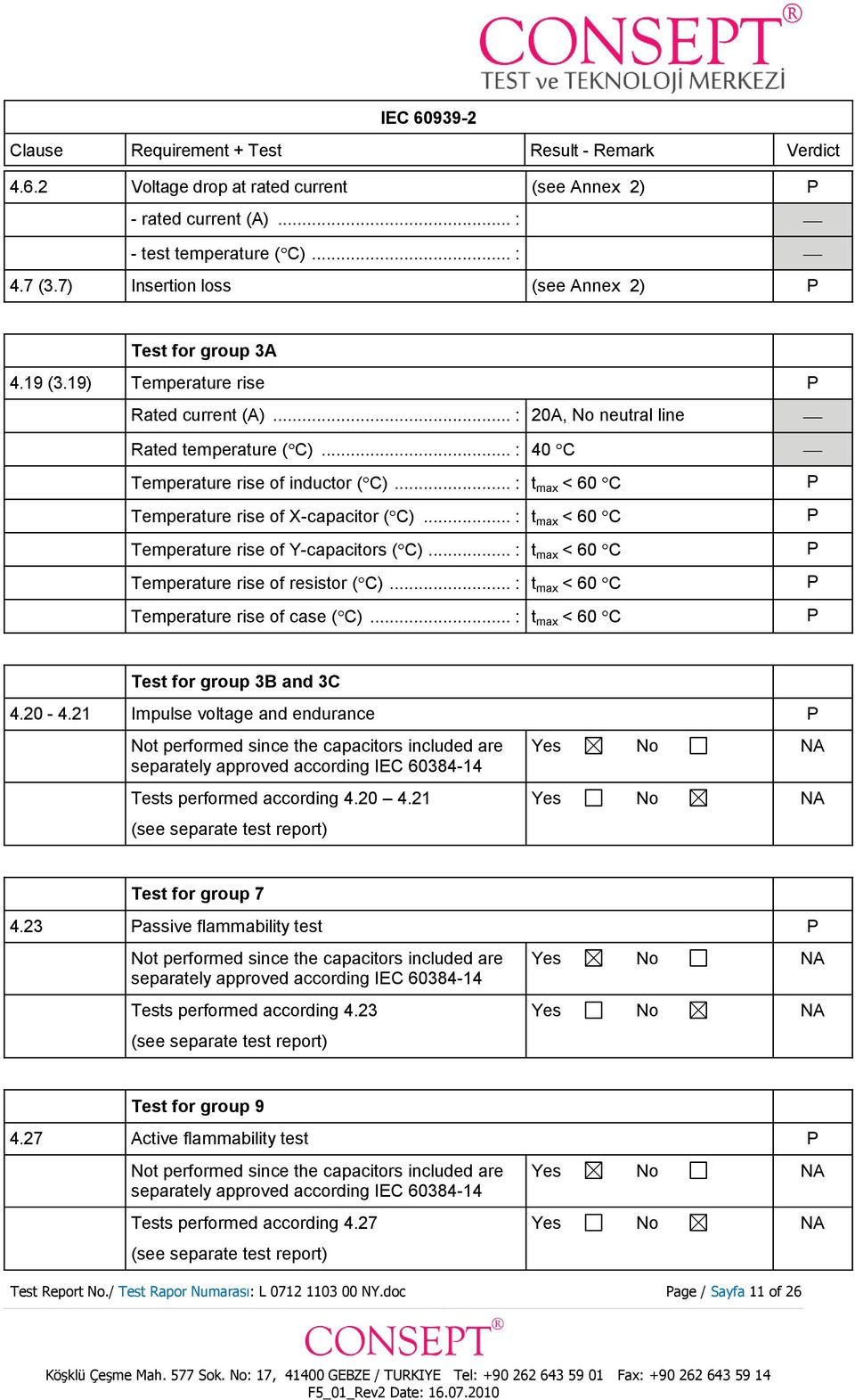 .. : t max < 60 C Temperature rise of Y-capacitors ( C)... : t max < 60 C Temperature rise of resistor ( C)... : t max < 60 C Temperature rise of case ( C)... : t max < 60 C Test for group 3B and 3C 4.