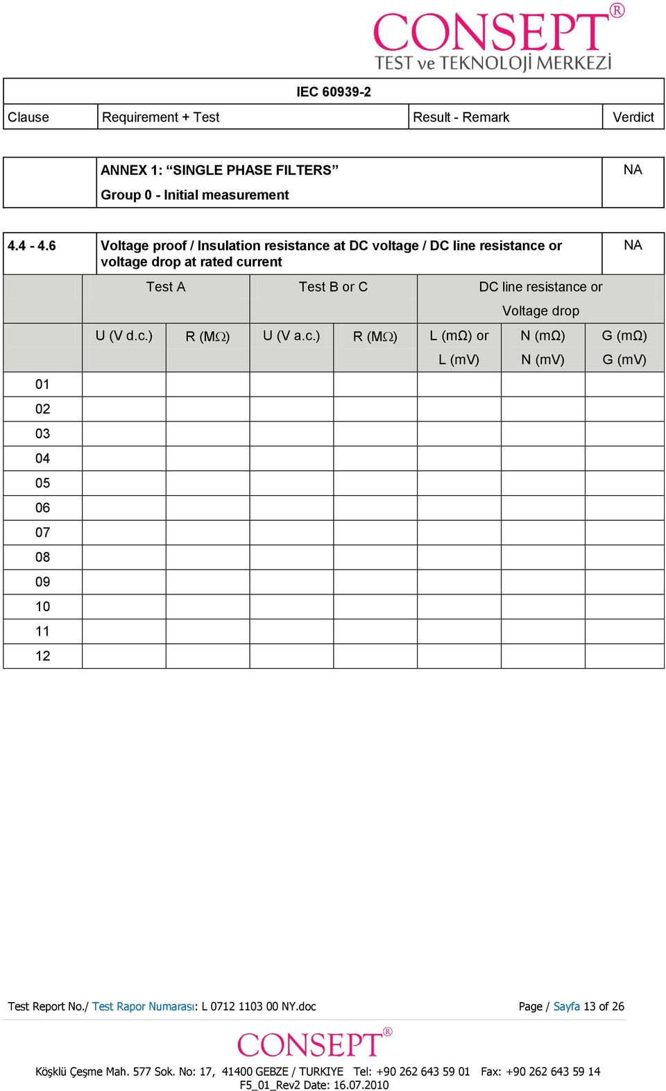 current 01 02 03 04 05 06 Test A Test B or C DC line resistance or U (V d.c.) R (M ) U (V a.c.) R (M ) L (mω) or L (mv) Voltage drop N (mω) N (mv) NA G (mω) G (mv) Test Report No.