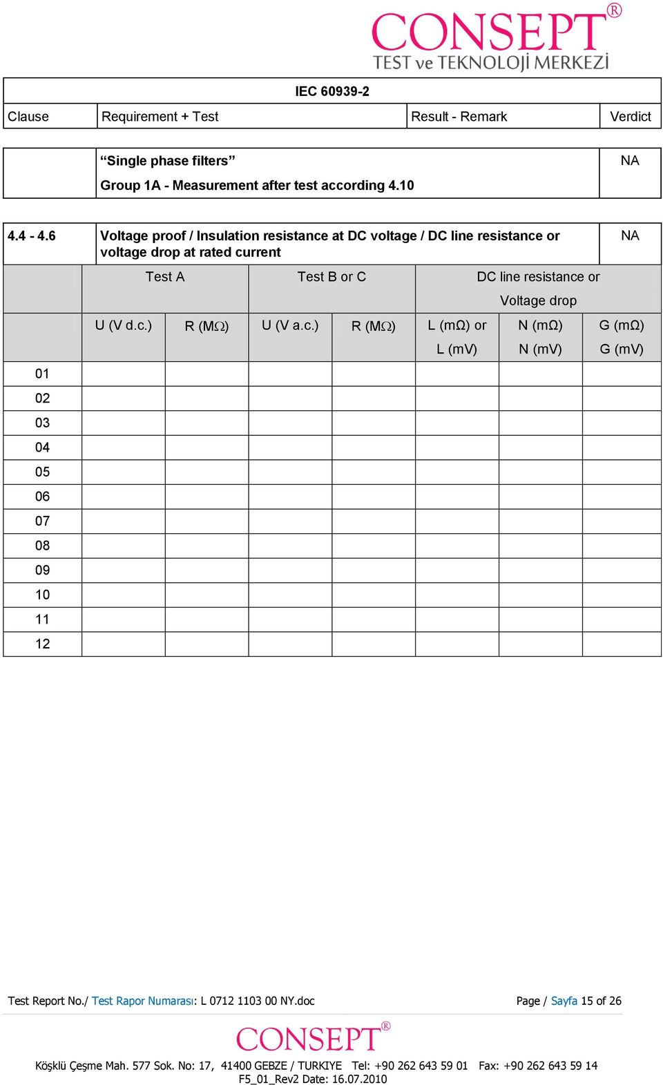 current 01 02 03 04 05 06 Test A Test B or C DC line resistance or U (V d.c.) R (M ) U (V a.c.) R (M ) L (mω) or L (mv) Voltage drop N (mω) N (mv) NA G (mω) G (mv) Test Report No.