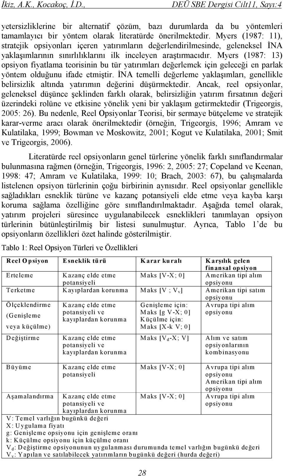 Myers (1987: 13) opsiyon fiyatlama teorisinin bu tür yatırımları değerlemek için geleceği en parlak yöntem olduğunu ifade etmiştir.