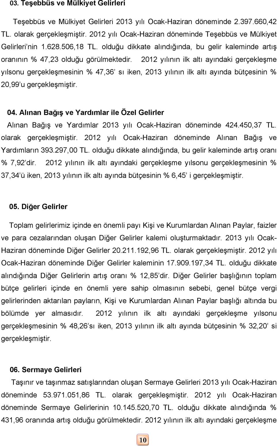 2012 yılının ilk altı ayındaki gerçekleşme yılsonu gerçekleşmesinin % 47,36 sı iken, 2013 yılının ilk altı ayında bütçesinin % 20,99 u gerçekleşmiştir. 04.