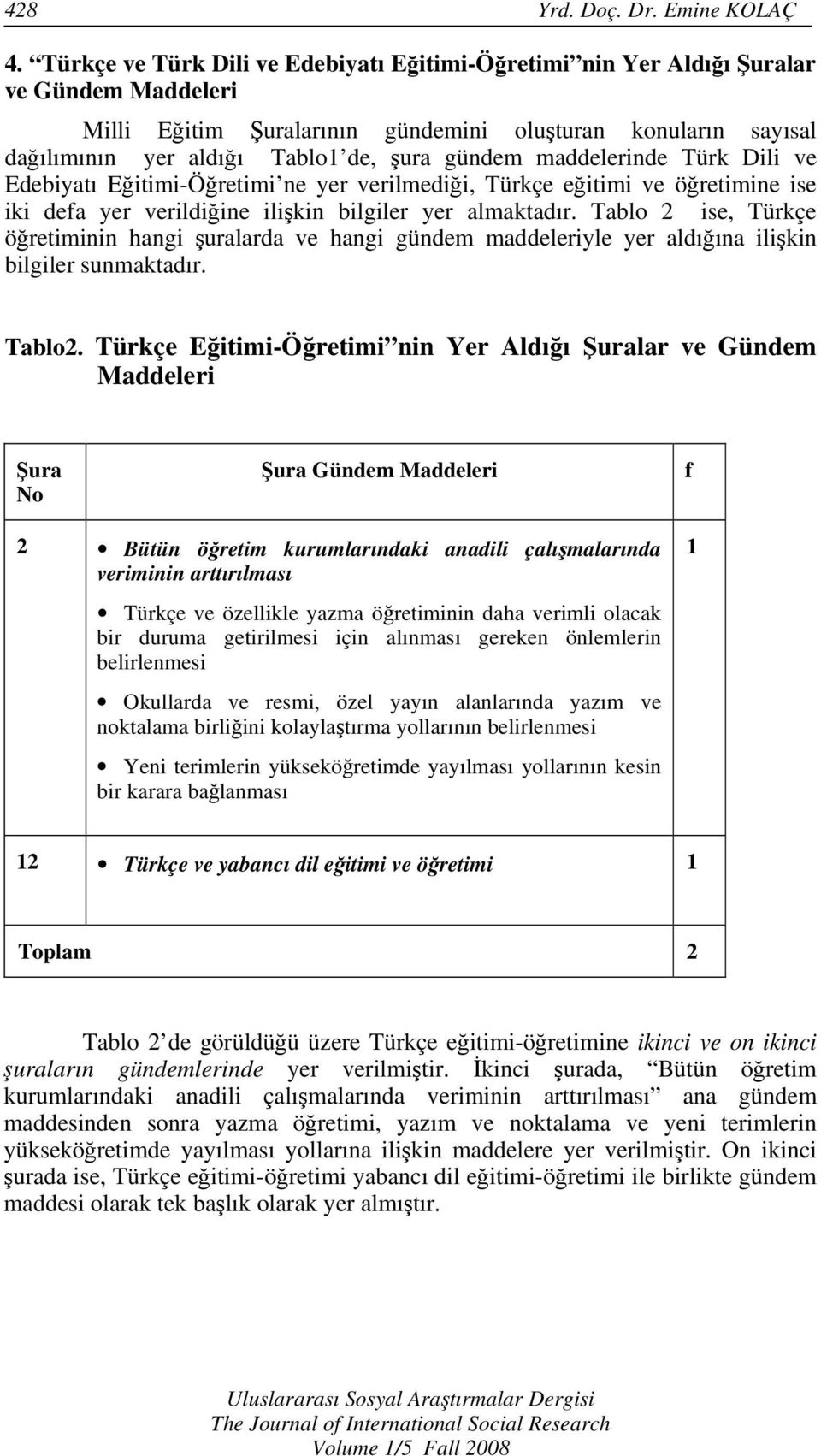 gündem maddelerinde Türk Dili ve Edebiyatı Eğitimi-Öğretimi ne yer verilmediği, Türkçe eğitimi ve öğretimine ise iki defa yer verildiğine ilişkin bilgiler yer almaktadır.