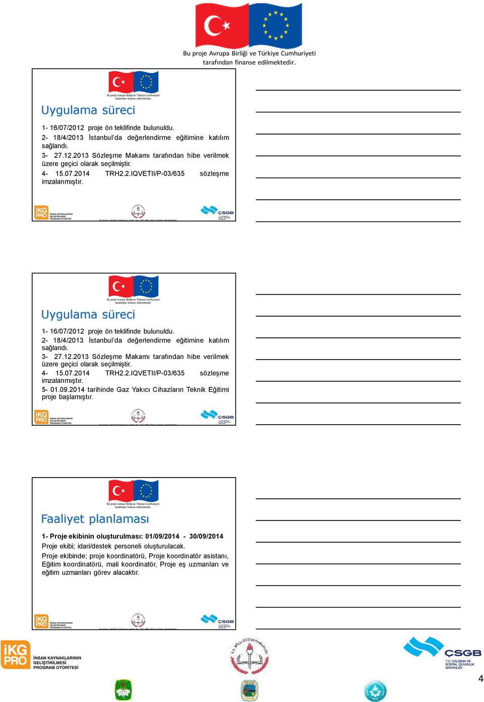 2014 tarihinde Gaz Yakıcı Cihazların Teknik Eğitimi proje başlamıştır. 1- Proje ekibinin oluşturulması: 01/09/2014-30/09/2014 Proje ekibi; idari/destek personeli oluşturulacak.