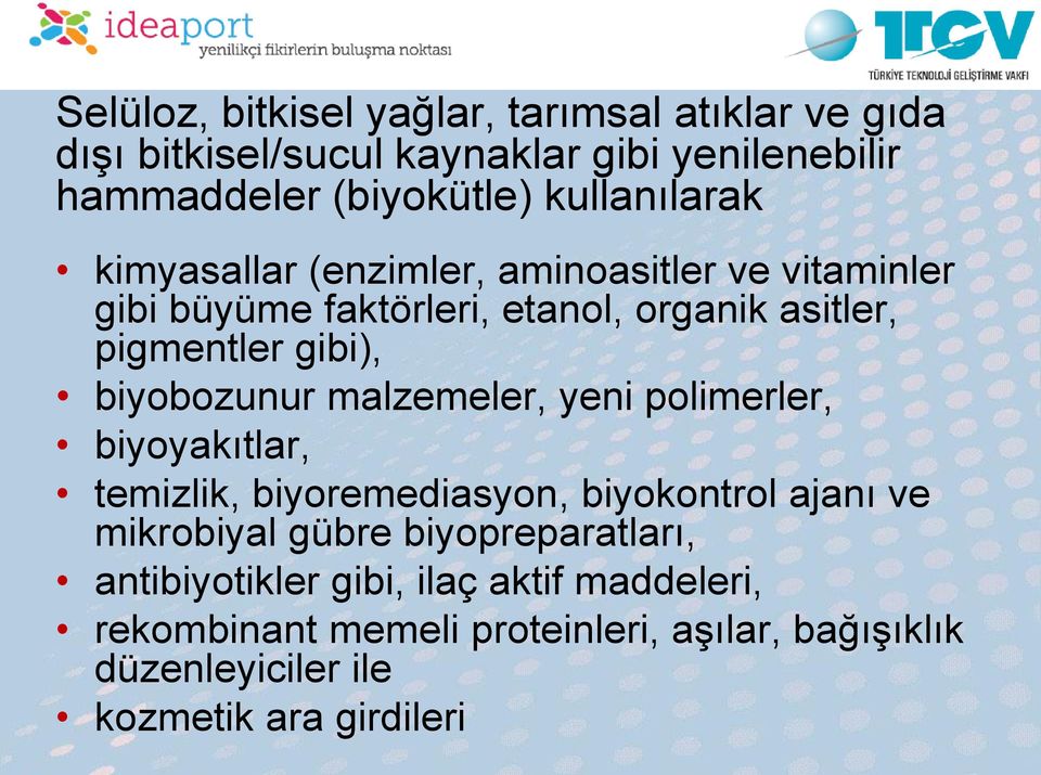 biyobozunur malzemeler, yeni polimerler, biyoyakıtlar, temizlik, biyoremediasyon, biyokontrol ajanı ve mikrobiyal gübre