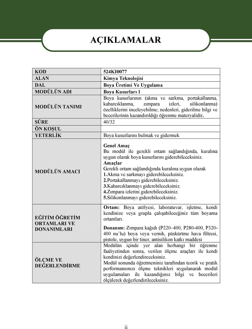 SÜRE 40/32 ÖN KOŞUL YETERLİK Boya kusurlarını bulmak ve gidermek MODÜLÜN AMACI EĞİTİM ÖĞRETİM ORTAMLARI VE DONANIMLARI ÖLÇME VE DEĞERLENDİRME Genel Amaç Bu modül ile gerekli ortam sağlandığında,