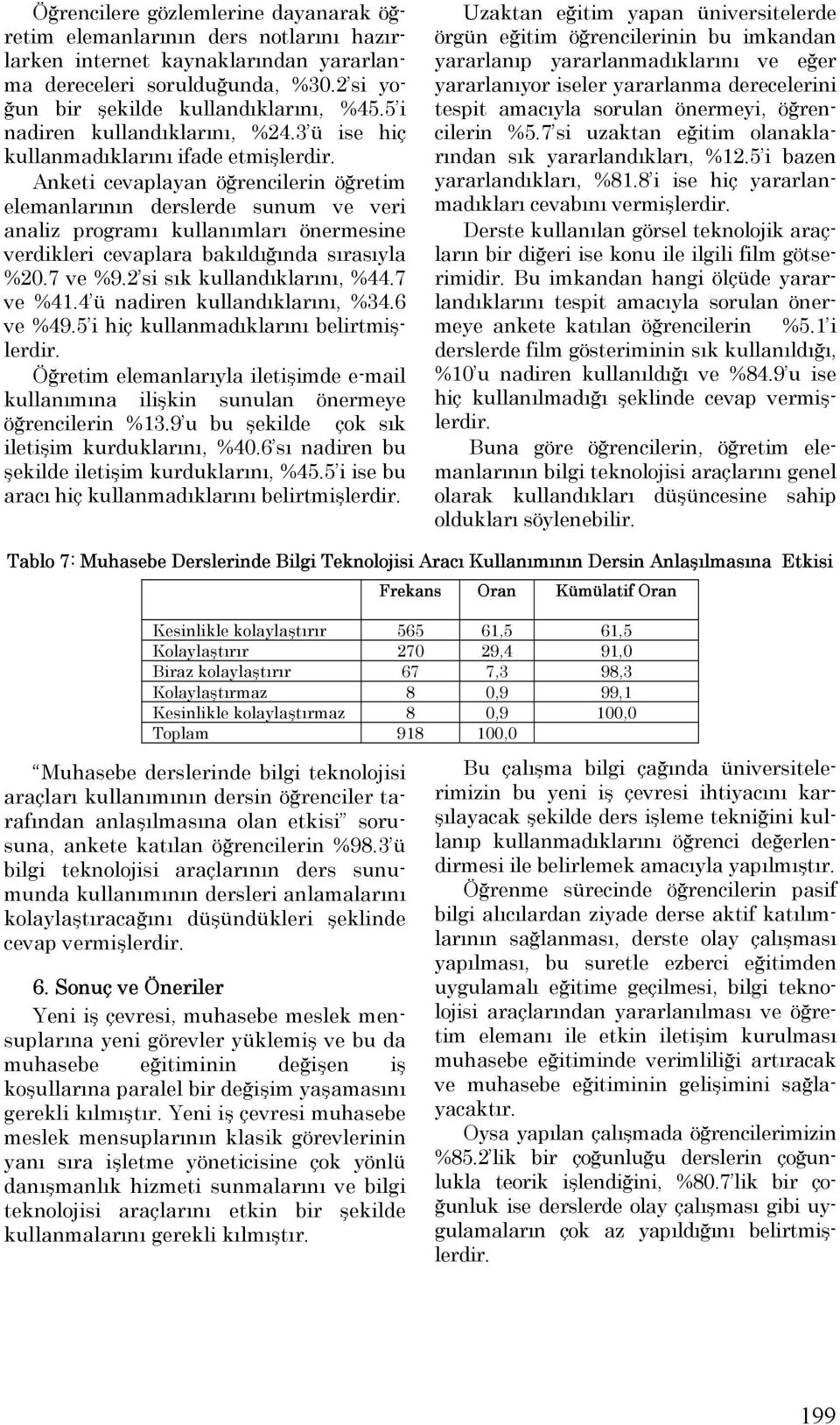 Anketi cevaplayan öğrencilerin öğretim elemanlarının derslerde sunum ve veri analiz programı kullanımları önermesine verdikleri cevaplara bakıldığında sırasıyla %20.7 ve %9.