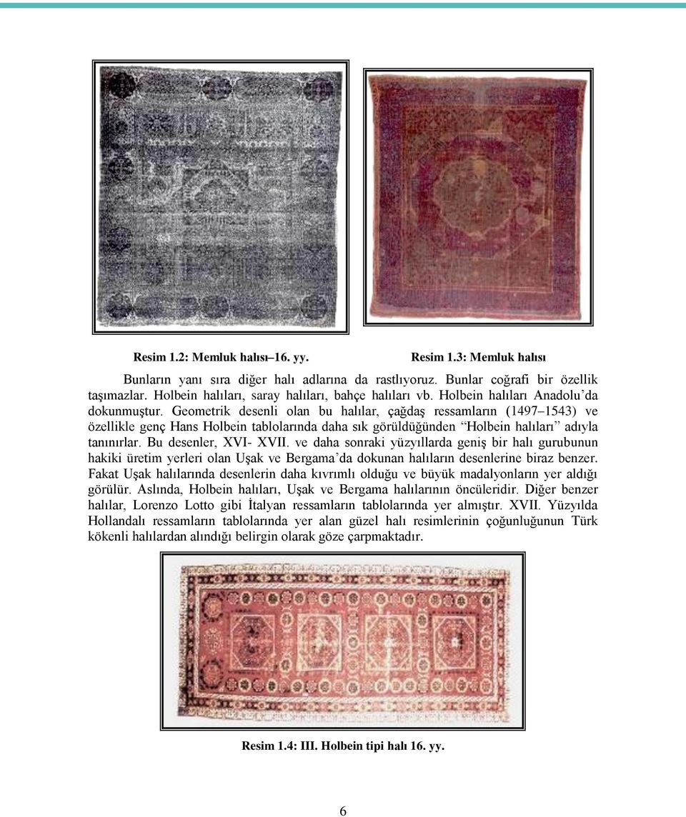 Geometrik desenli olan bu halılar, çağdaş ressamların (1497 1543) ve özellikle genç Hans Holbein tablolarında daha sık görüldüğünden Holbein halıları adıyla tanınırlar. Bu desenler, XVI- XVII.