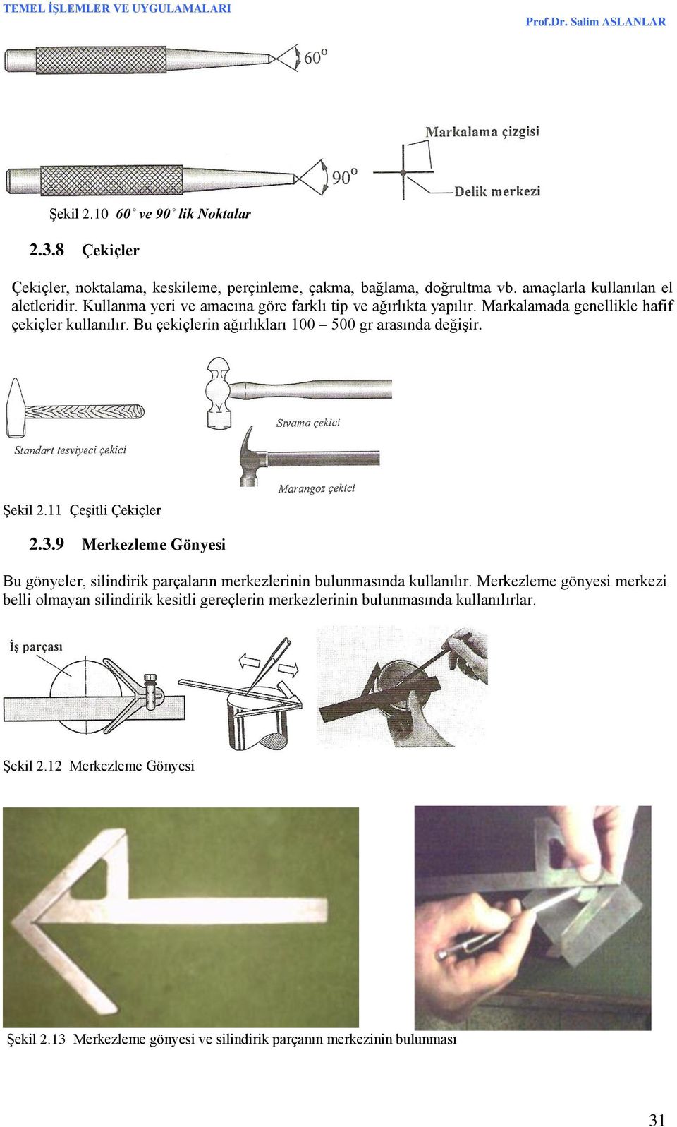 Şekil 2.11 Çeşitli Çekiçler 2.3.9 Merkezleme Gönyesi Bu gönyeler, silindirik parçaların merkezlerinin bulunmasında kullanılır.