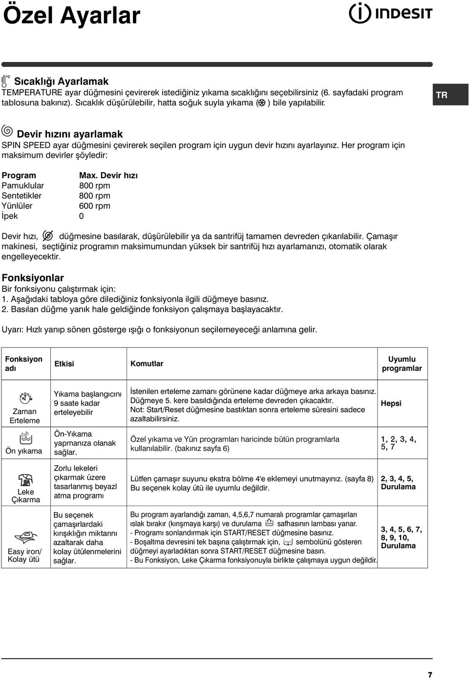 Her program için maksimum devirler þöyledir: Program Max.