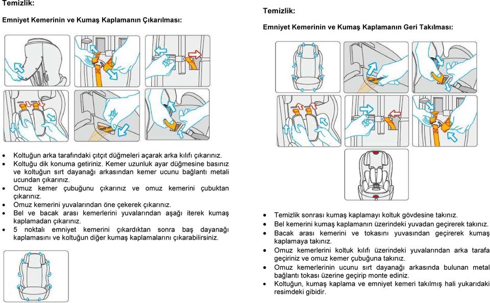 Omuz kemer çubuğunu çıkarınız ve omuz kemerini çubuktan çıkarınız. Omuz kemerini yuvalarından öne çekerek çıkarınız.