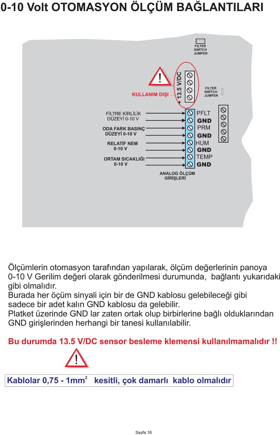 yapýlarak, ölçüm deðerlerinin panoya 0-10 V Gerilim deðeri olarak gönderilmesi durumunda, baðlantý yukarýdaki gibi olmalýdýr.