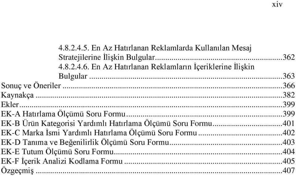 .. 399 EK-A Hatırlama Ölçümü Soru Formu... 399 EK-B Ürün Kategorisi Yardımlı Hatırlama Ölçümü Soru Formu.