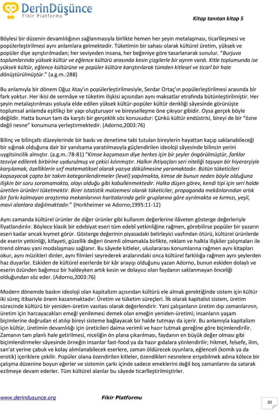 Burjuva toplumlarında yüksek kültür ve eğlence kültürü arasında kesin çizgilerle bir ayrım vardı.