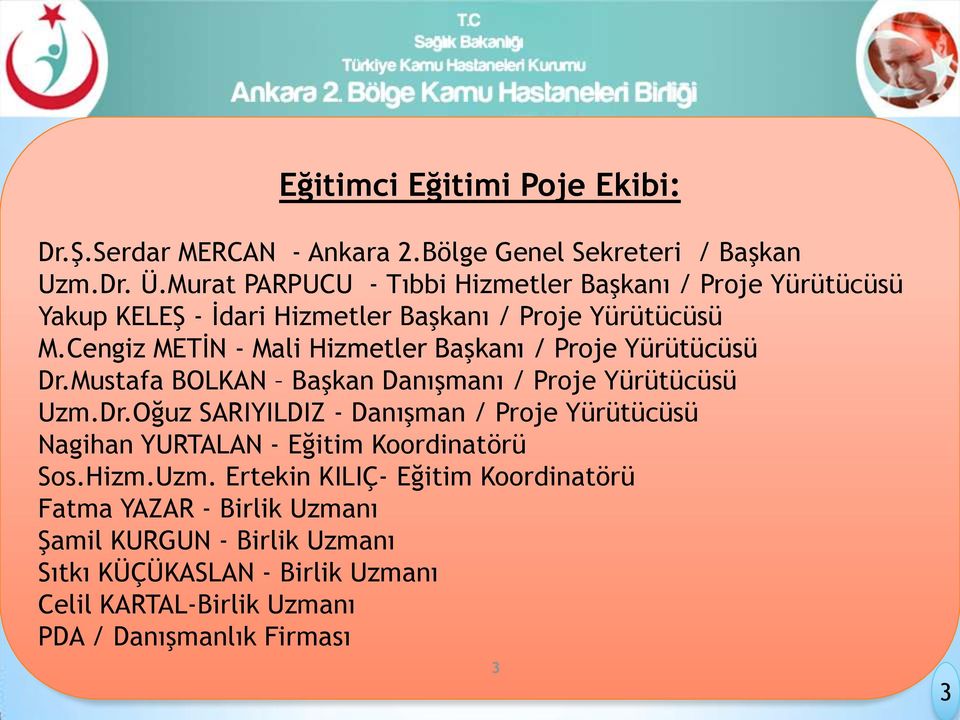 Cengiz METİN - Mali Hizmetler Başkanı / Proje Yürütücüsü Dr.Mustafa BOLKAN Başkan Danışmanı / Proje Yürütücüsü Uzm.Dr.Oğuz SARIYILDIZ - Danışman / Proje Yürütücüsü Nagihan YURTALAN - Eğitim Koordinatörü Sos.