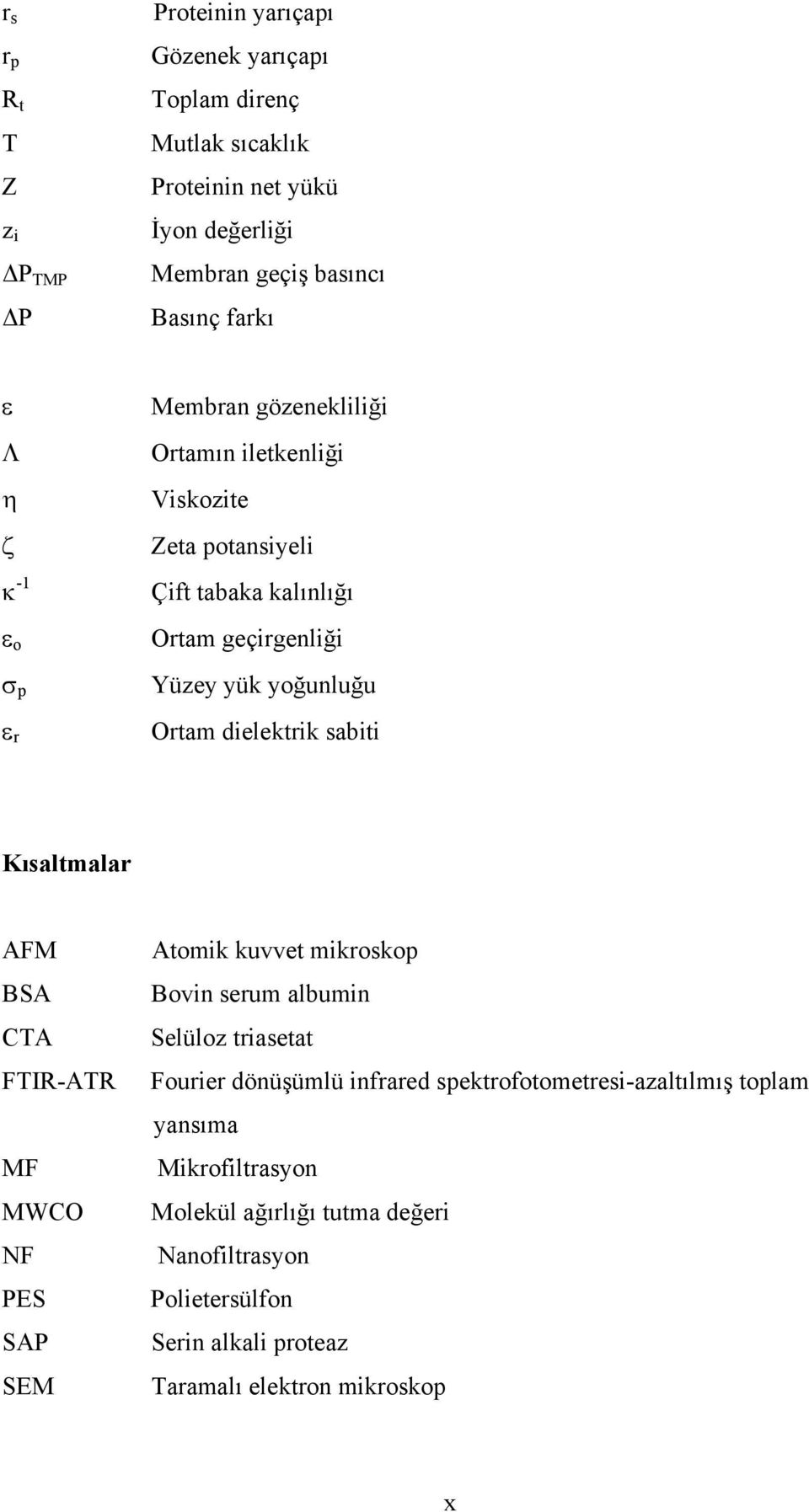 dielektrik sabiti Kısaltmalar AFM BSA CTA FTIR-ATR MF MWCO NF PES SAP SEM Atomik kuvvet mikroskop Bovin serum albumin Selüloz triasetat Fourier dönüşümlü infrared