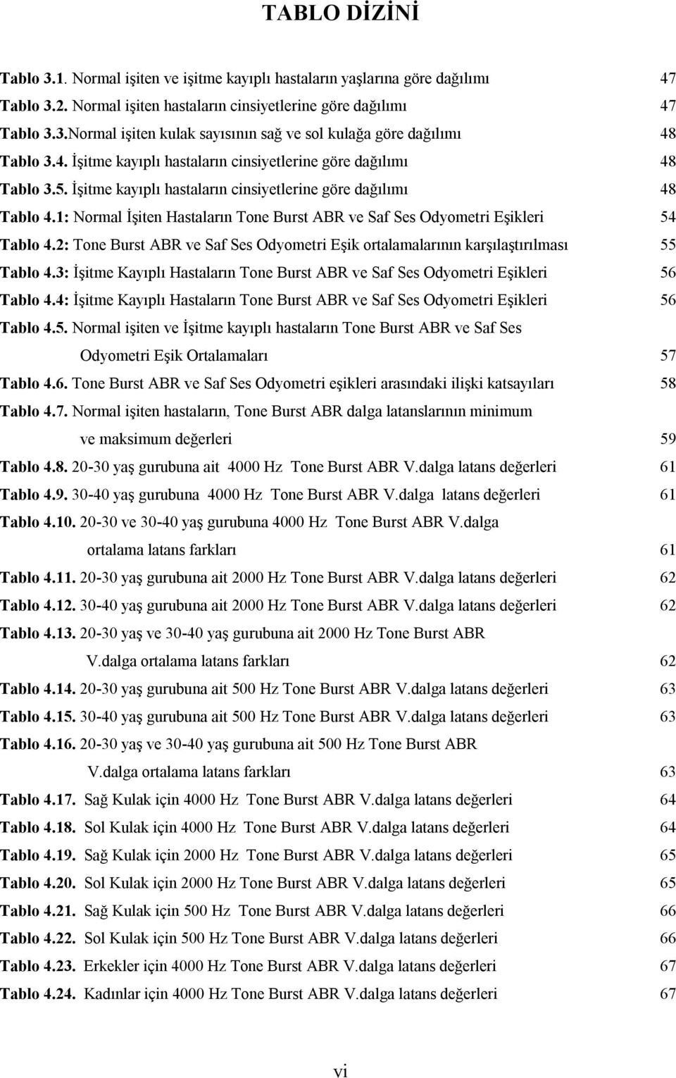 1: Normal İşiten Hastaların Tone Burst ABR ve Saf Ses Odyometri Eşikleri 54 Tablo 4.2: Tone Burst ABR ve Saf Ses Odyometri Eşik ortalamalarının karşılaştırılması 55 Tablo 4.