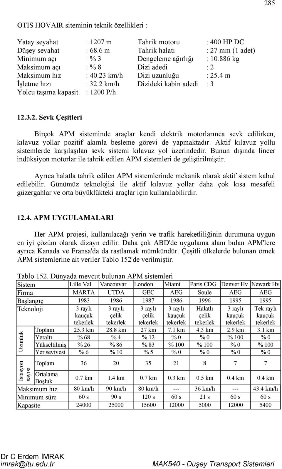 km/h Dizi uzunluğu : 5.4 m İşletme hızı : 3. km/h Dizideki kabin adedi : 3 Yolcu taşıma kapasit. : 100 P/h 1.3.. Sevk Çeşitleri Birçok APM sisteminde araçlar kendi elektrik motorlarınca sevk edilirken, kılavuz yollar pozitif akımla besleme görevi de yapmaktadır.