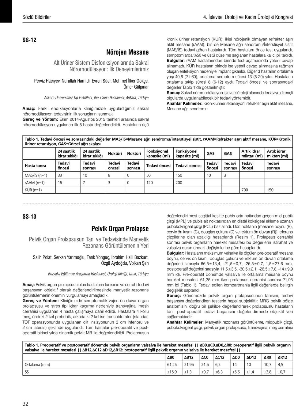 İlker Gökçe, Ömer Gülpınar Ankara Üniversitesi Tıp Fakültesi, İbn-i Sina Hastanesi, Ankara, Türkiye Amaç: Farklı endikasyonlarla kliniğimizde uyguladığımız sakral nöromodülasyon tedavisinin ilk