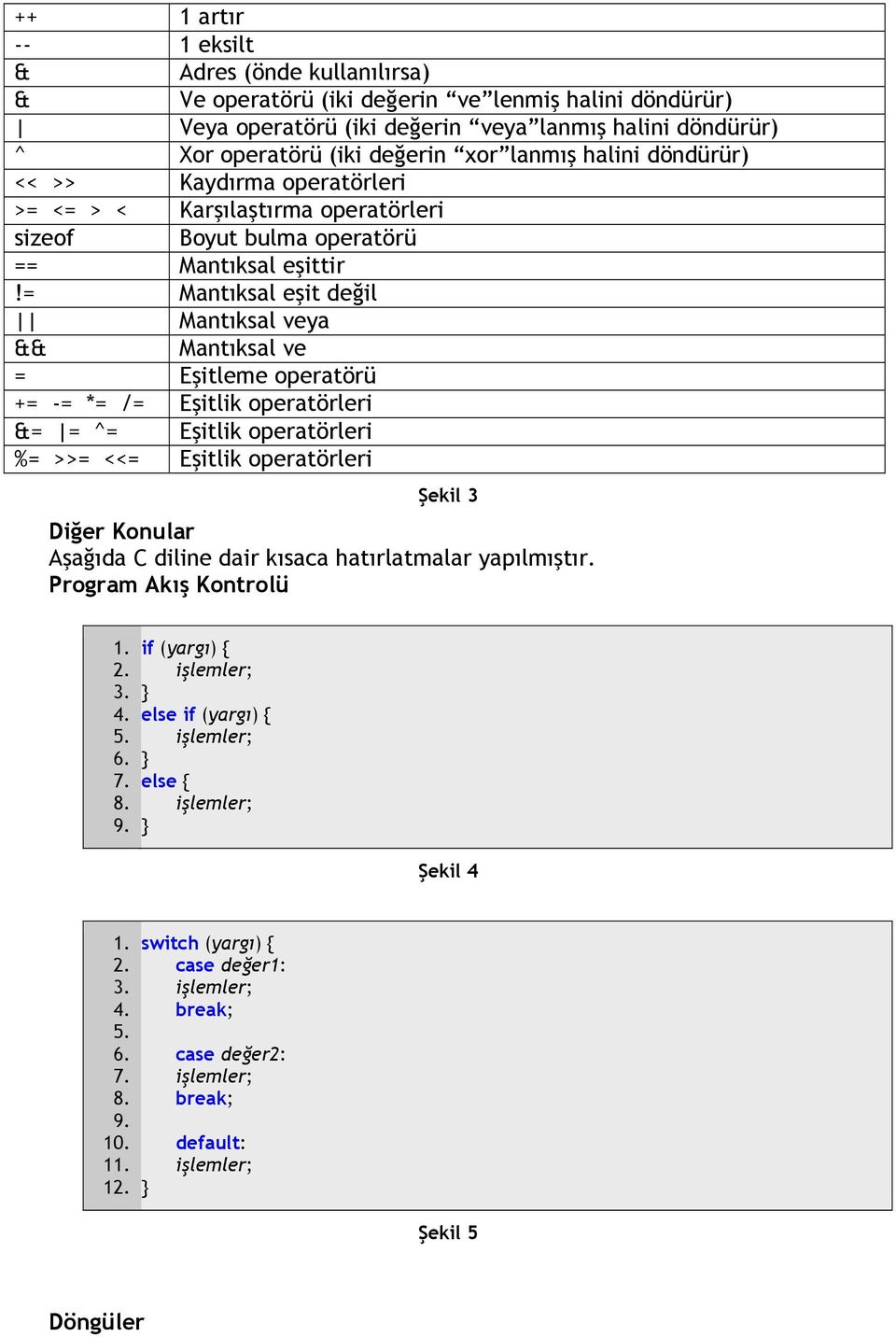 = Mantıksal eşit değil Mantıksal veya && Mantıksal ve = Eşitleme operatörü += -= *= /= Eşitlik operatörleri &= = ^= Eşitlik operatörleri %= >>= <<= Eşitlik operatörleri Şekil 3 Diğer Konular Aşağıda