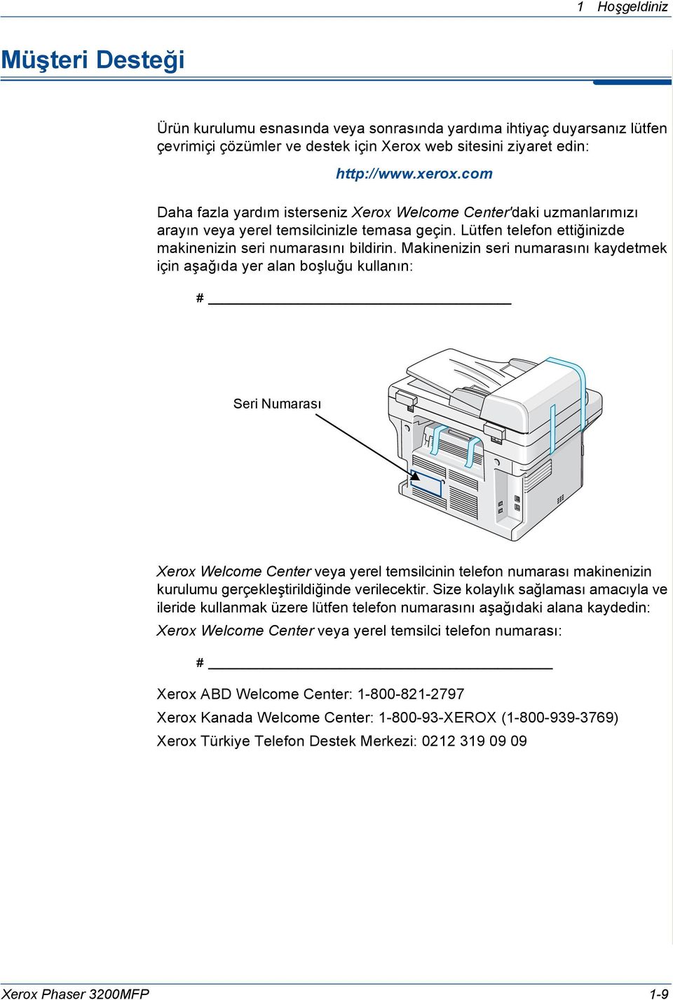 Makinenizin seri numarasını kaydetmek için aşağıda yer alan boşluğu kullanın: # Seri Numarası Xerox Welcome Center veya yerel temsilcinin telefon numarası makinenizin kurulumu gerçekleştirildiğinde