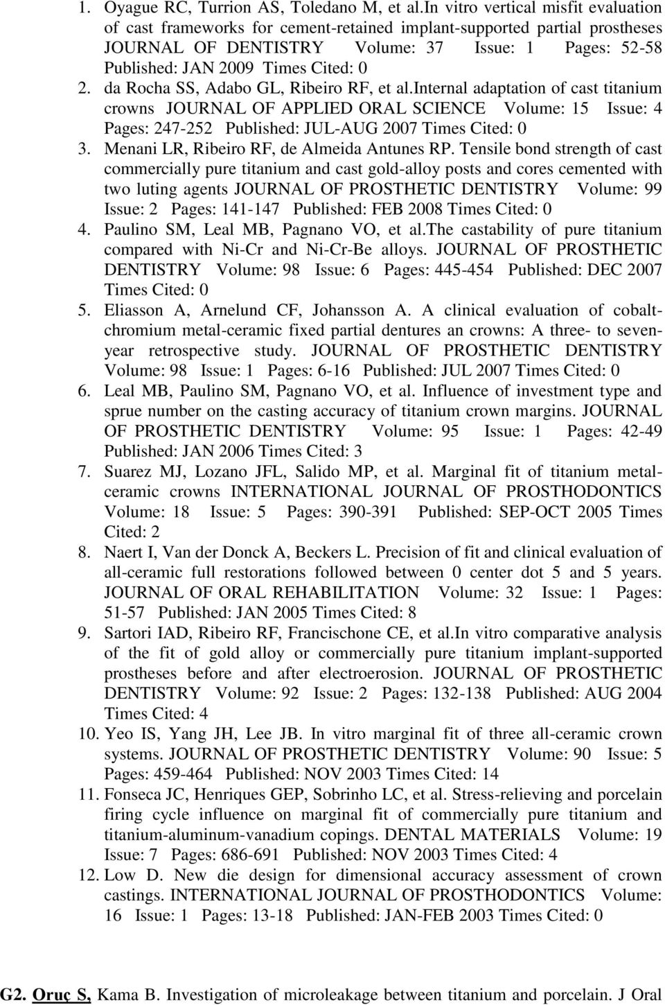 0 2. da Rocha SS, Adabo GL, Ribeiro RF, et al.internal adaptation of cast titanium crowns JOURNAL OF APPLIED ORAL SCIENCE Volume: 15 Issue: 4 Pages: 247-252 Published: JUL-AUG 2007 Times Cited: 0 3.