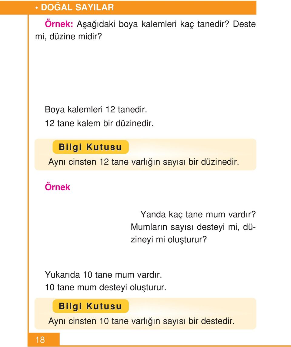 Bilgi Kutusu Ayn cinsten 12 tane varl n say s bir düzinedir. Örnek Yanda kaç tane mum vard r?