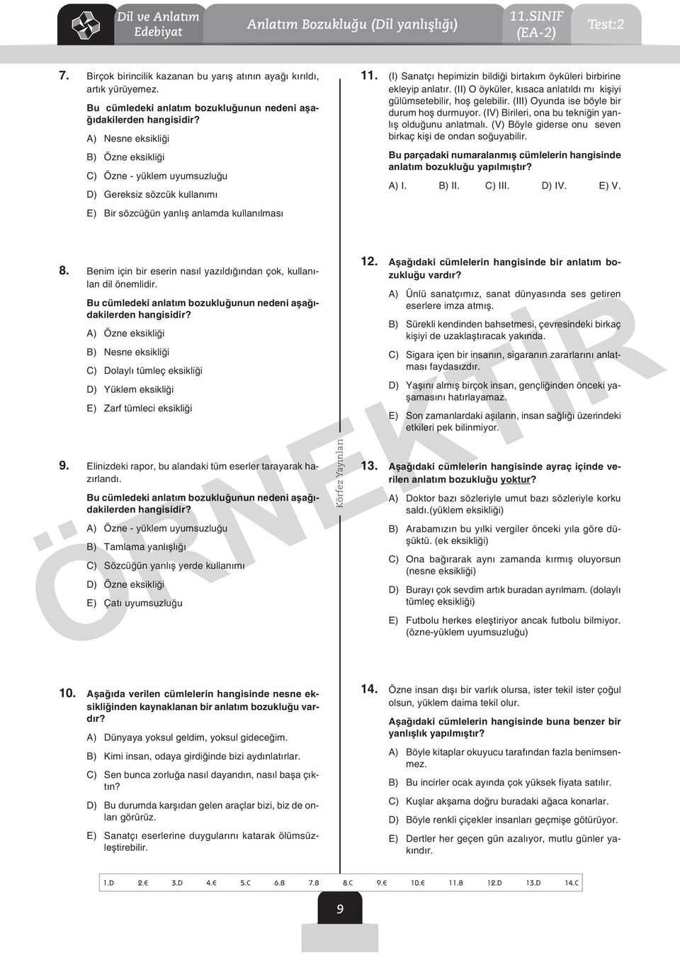 ) Nesne eksikliği ) Özne eksikliği ) Özne - yüklem uyumsuzluğu ) Gereksiz sözcük kullanımı ) ir sözcüğün yanlış anlamda kullanılması 11.