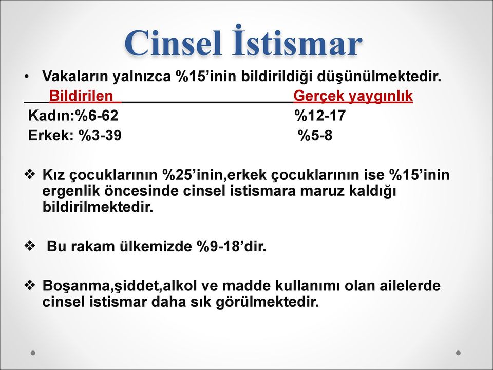 çocuklarının ise %15 inin ergenlik öncesinde cinsel istismara maruz kaldığı bildirilmektedir.