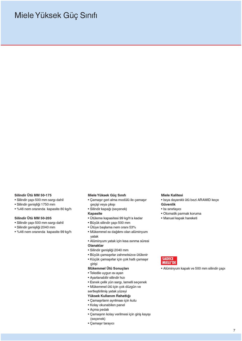 kg/h a kadar Büyük silindir çapı 500 mm Ütüye başlama nem oranı 53% Mükemmel ısı dağılımı olan alüminyum yatak Alüminyum yatak için kısa ısınma süresi Olanaklar Silindir genişliği 2040 mm Büyük